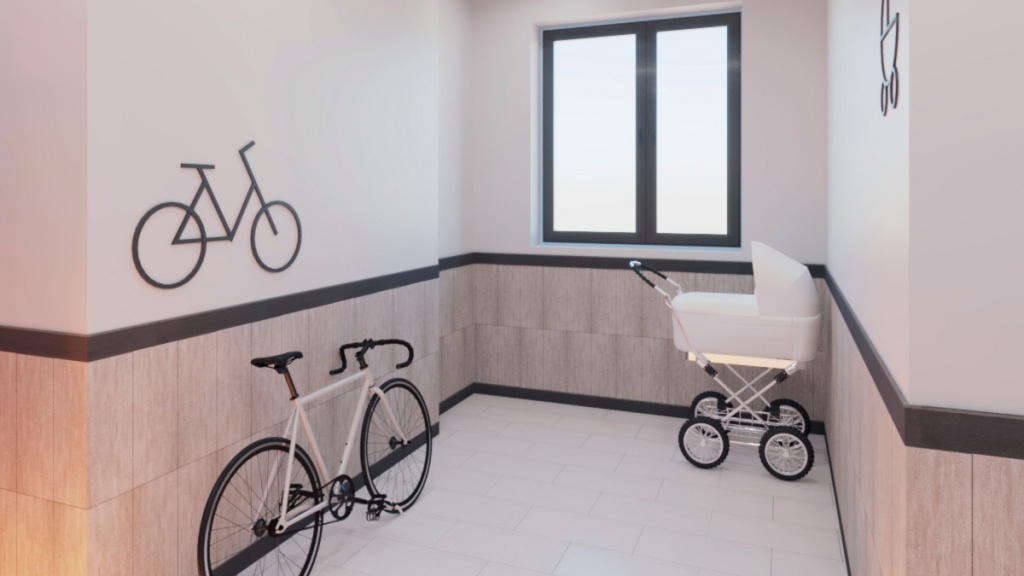 По стандартам компании во всех подъездах запроектированы специальные помещения для хранения детских колясок, велосипедов и самокатов